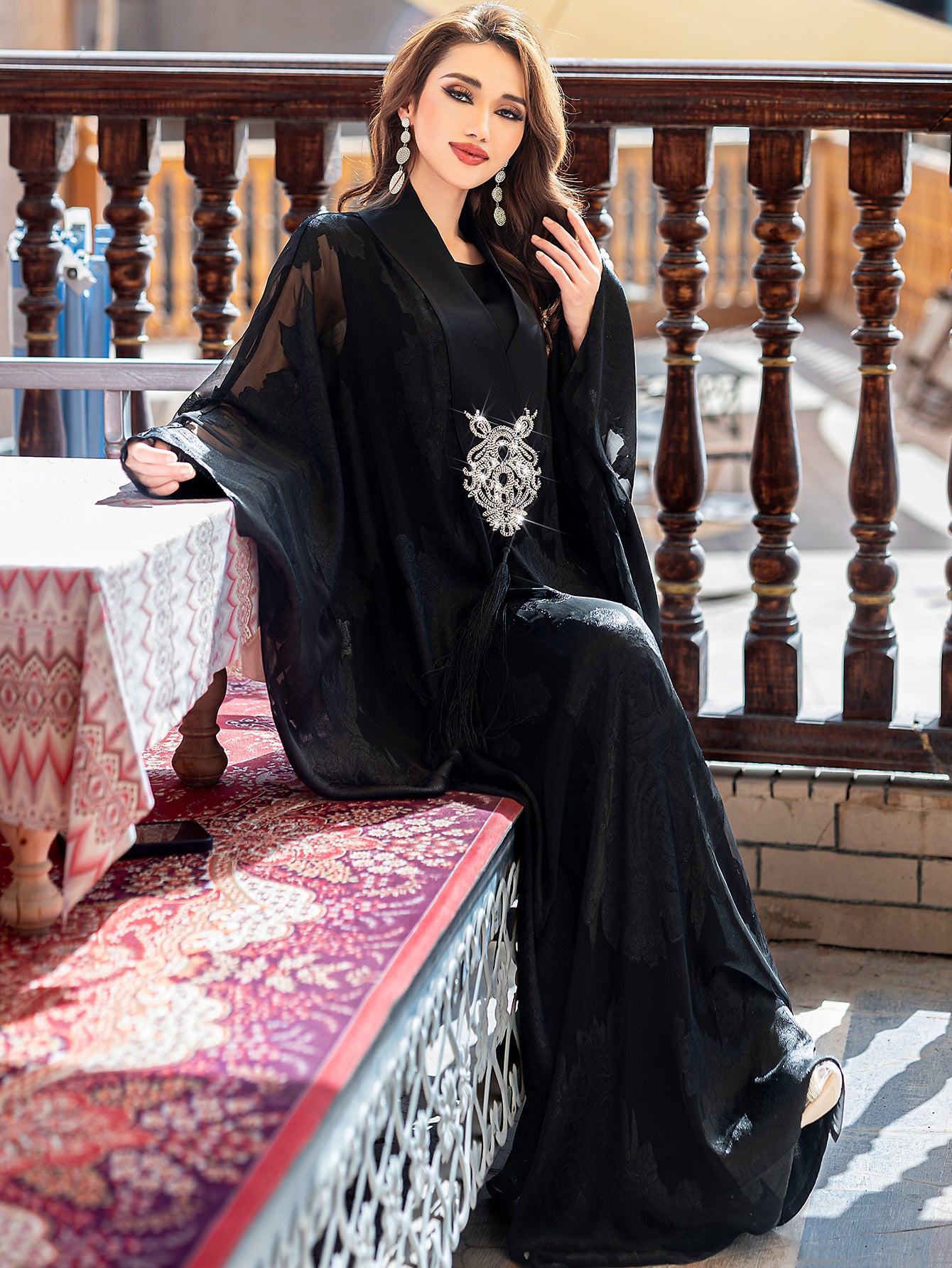 5212Black Arabic Abaya Dress | V-Neck Crystal Beaded Evening Gown with Pearl Embroidery & Bell Sleeves