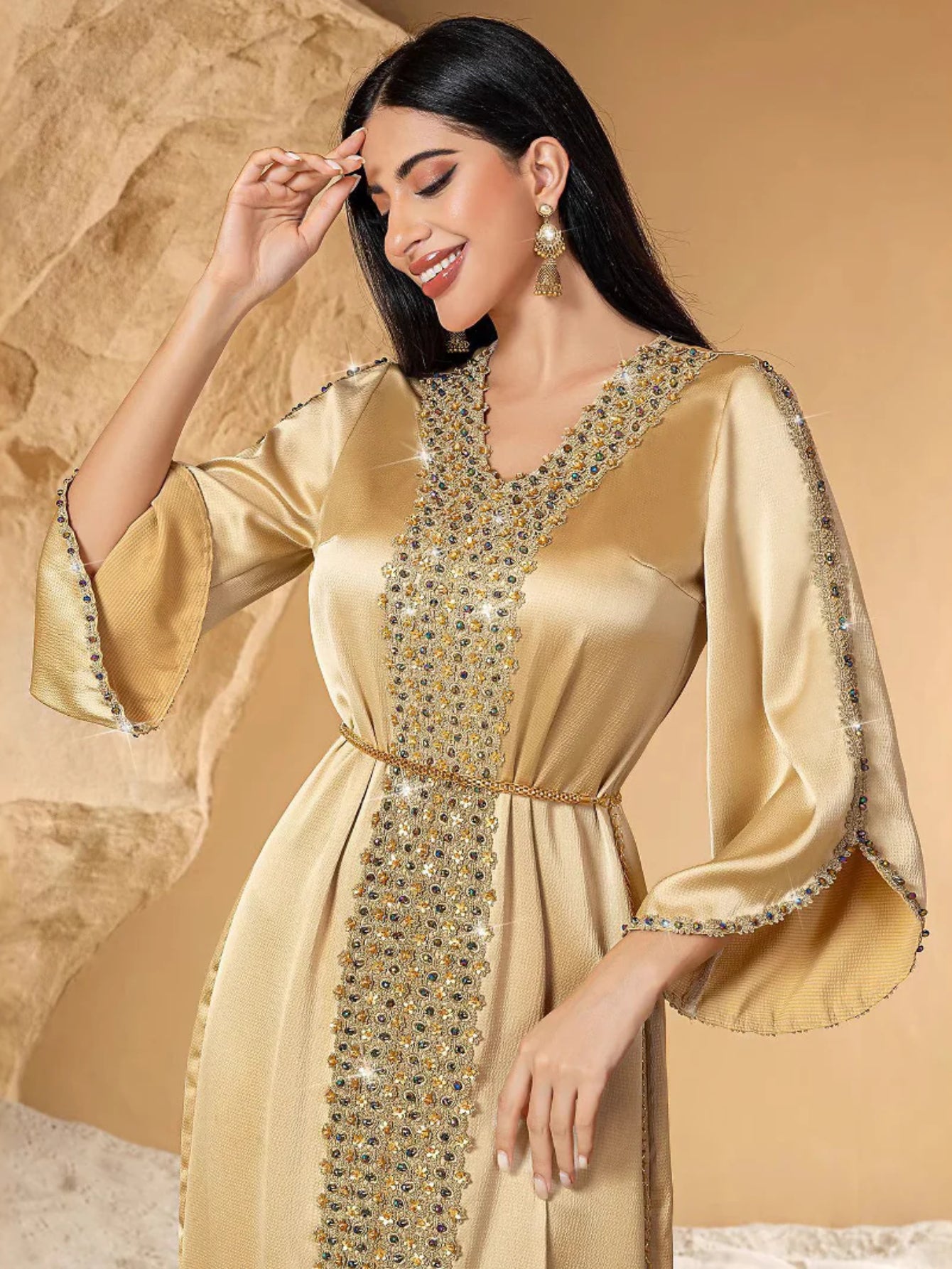 15154 new champagne splicing lace handmade beaded women's Middle East robe evening dress