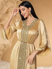 15154 new champagne splicing lace handmade beaded women's Middle East robe evening dress