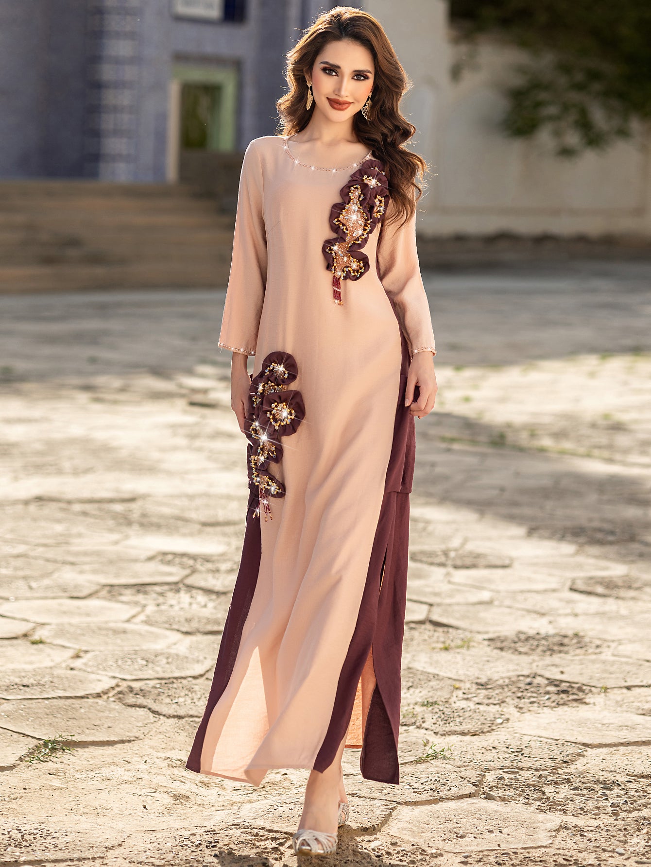 5201Luxury Pink & Burgundy Abaya Dress | Arabic Floral Embroidery with Gold Beads, Fringe & Pearl Cuffs