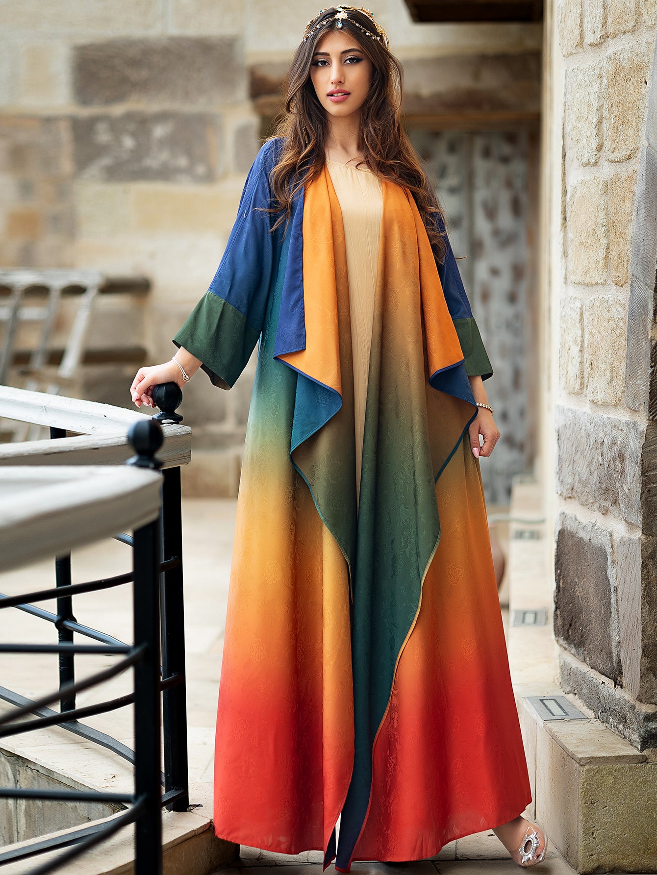 15034 two sides wear gradual change satin jacquard cardigan jacket party travel temperament robe