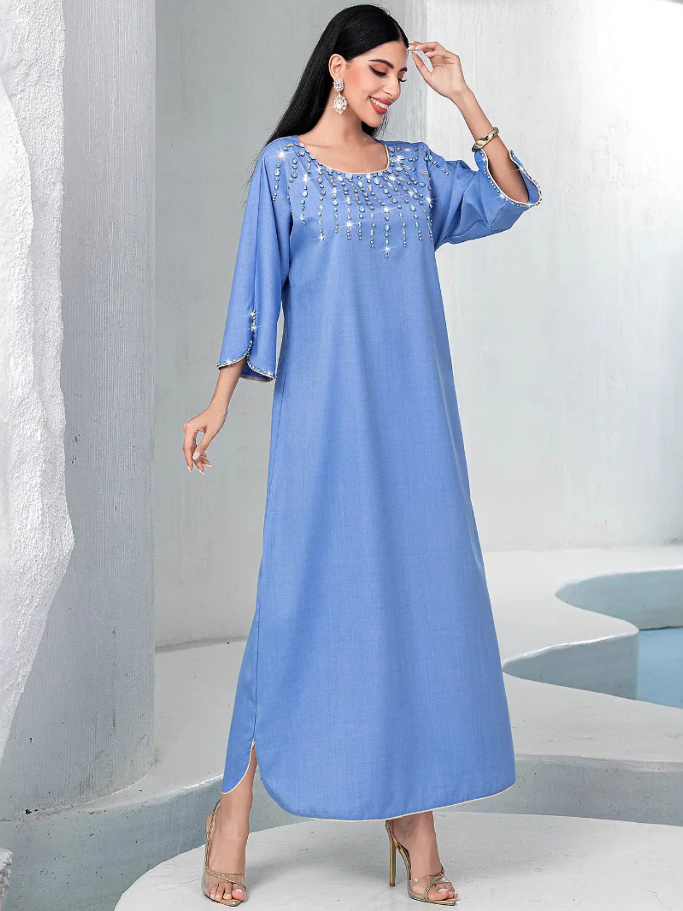 15166 new fog blue square neck loose hand-sewn diamond dress arabic robe