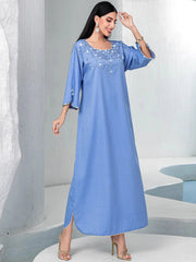 15166 new fog blue square neck loose hand-sewn diamond dress arabic robe