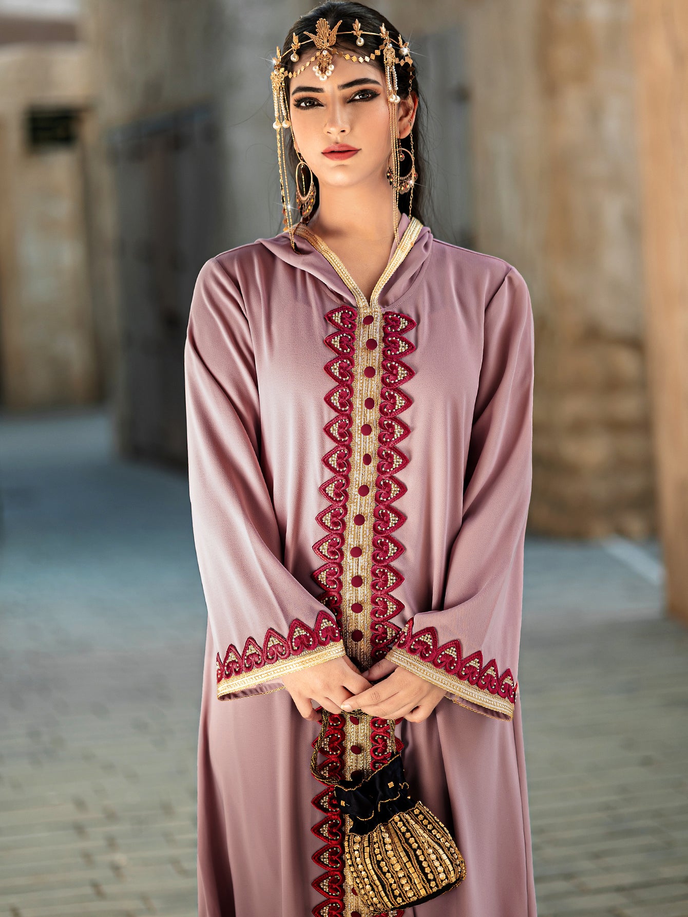 4052 Middle Eastern Style Pink Hooded Embroidered Maxi Dress - Elegant Red Beige Decorated Long Gown
