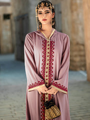 4052 Middle Eastern Style Pink Hooded Embroidered Maxi Dress - Elegant Red Beige Decorated Long Gown