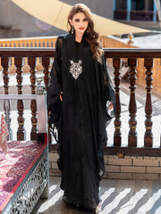 5212Black Arabic Abaya Dress | V-Neck Crystal Beaded Evening Gown with Pearl Embroidery & Bell Sleeves