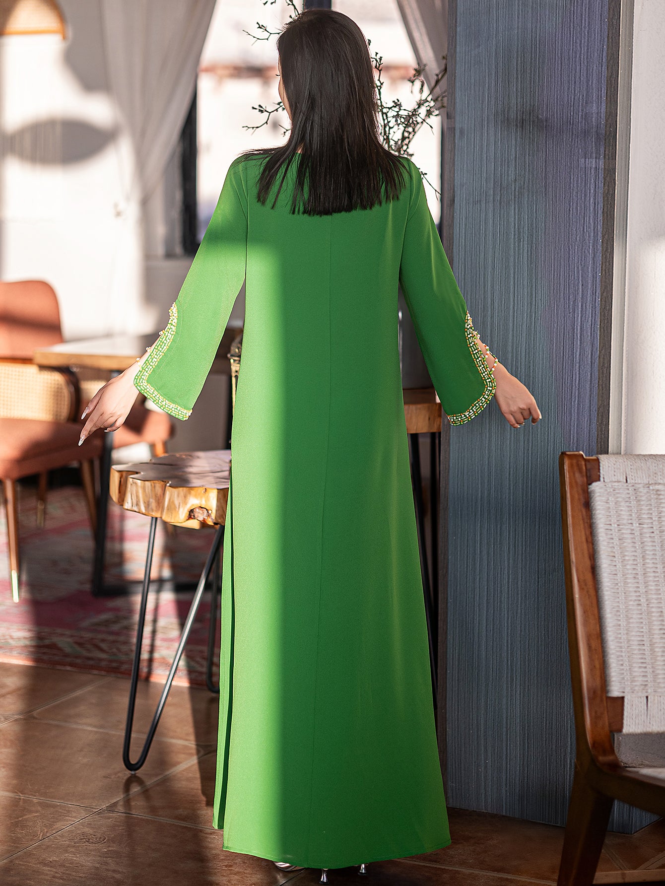 5205 Luxury Emerald Abaya | Hand-Beaded Neckline & Crystal-Trimmed Bell Sleeves