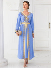 BA9028 light blue webbing hand-sewn diamond long-sleeved fake two-piece dress, spring travel, elegant and fashionable long dress