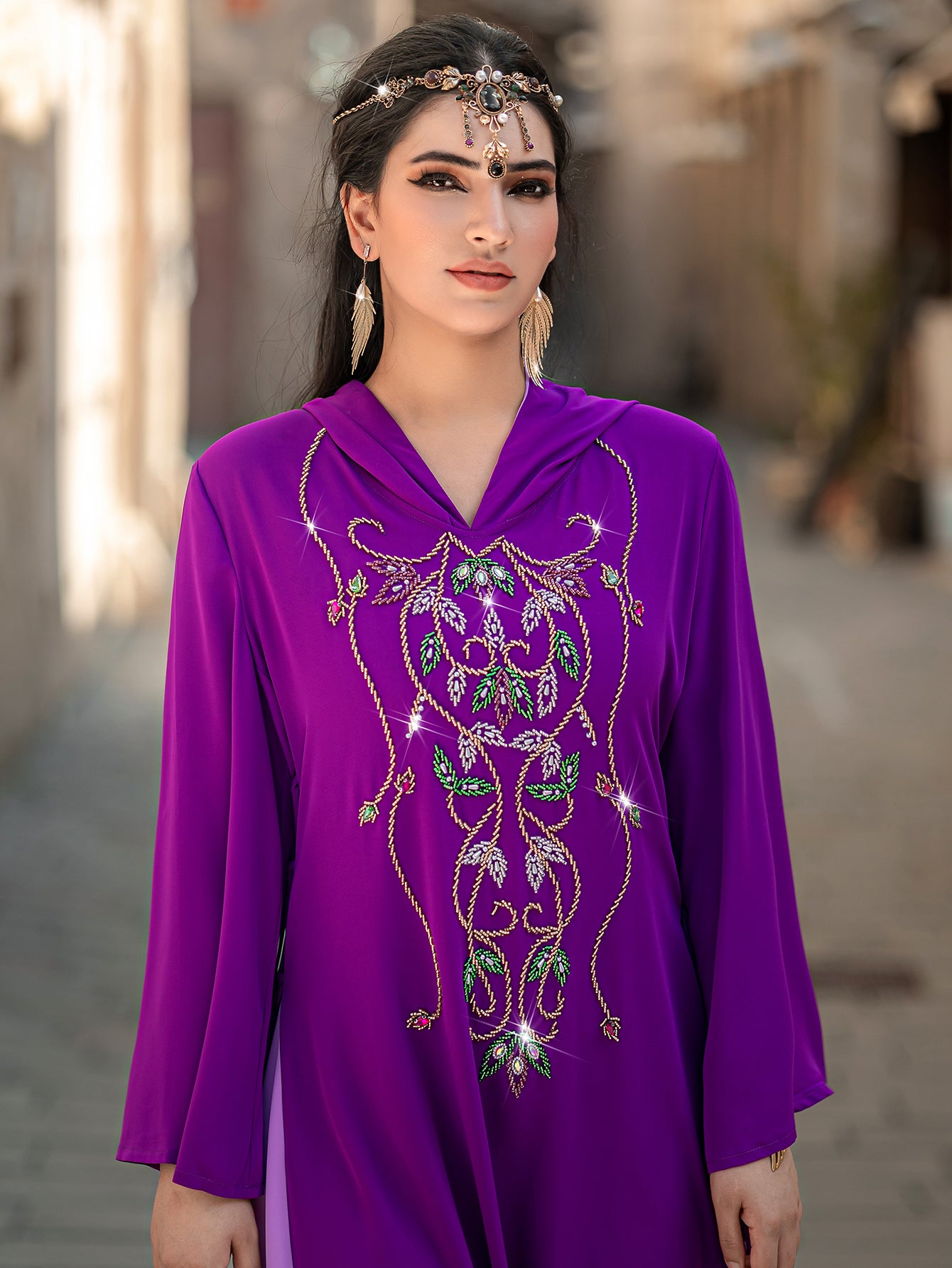 4008 Middle Eastern Style Purple Embroidered Hooded Maxi Dress - Sparkling Gold Green Decorated Long Gown
