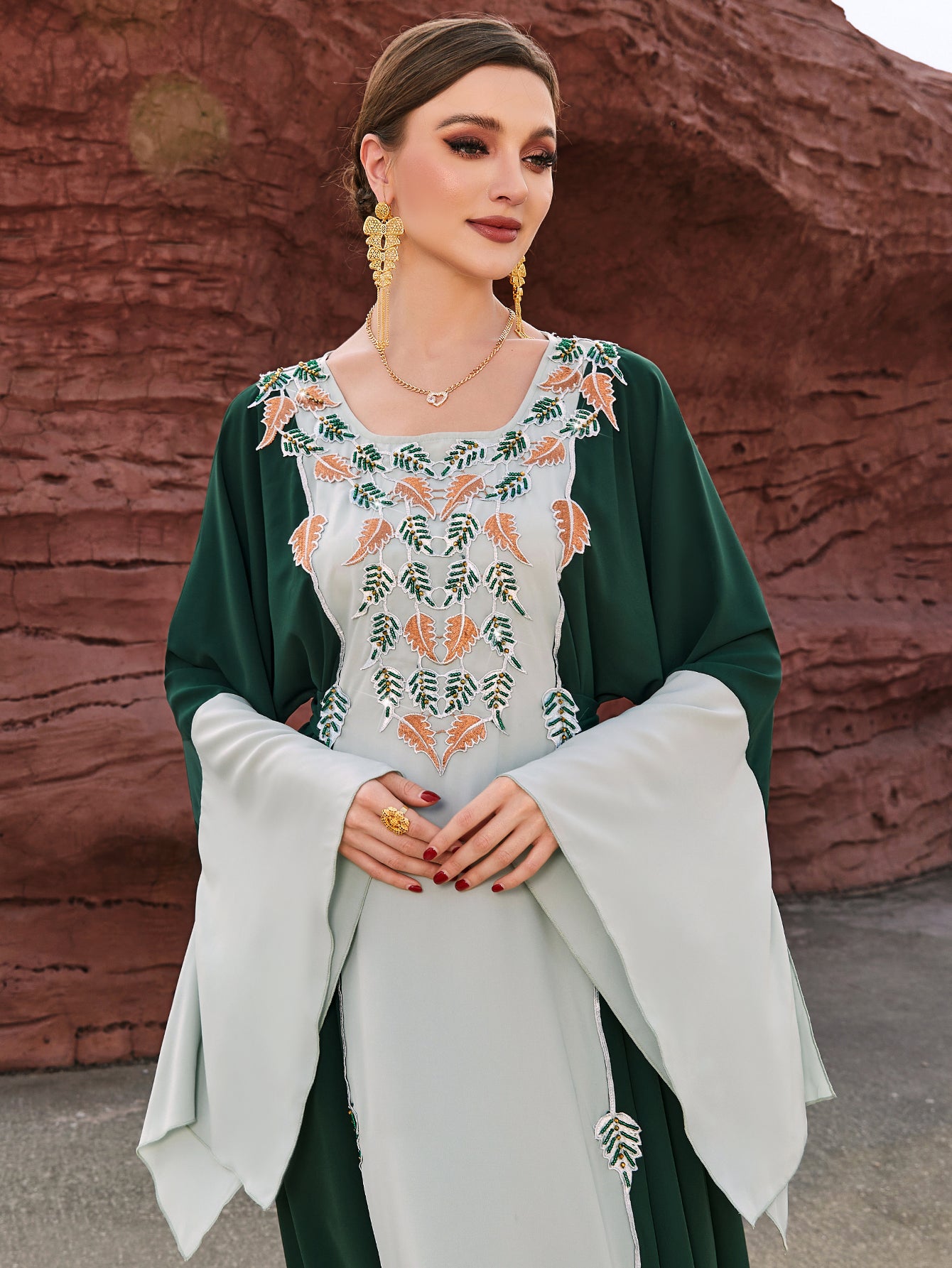 4119 Middle Eastern Style Green Light Green Colorblock Leaf Embroidered Belted Loose Sleeve Maxi Dress - Elegant Boho Decorated Gown