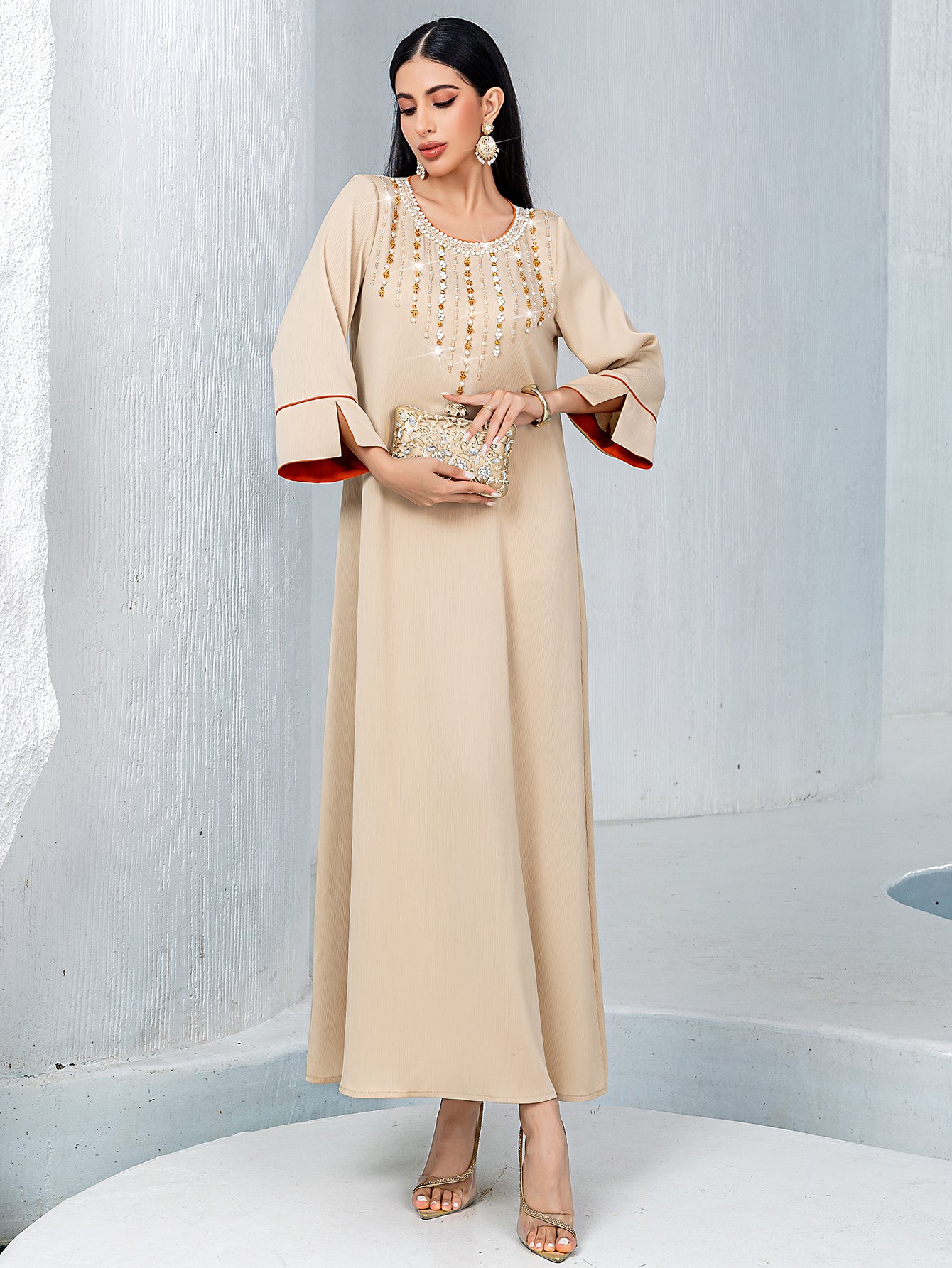 5239Beige Arabic Abaya Dress | Gold Beaded V-Neck Gown with Red Trim & Bell Sleeves for Evening