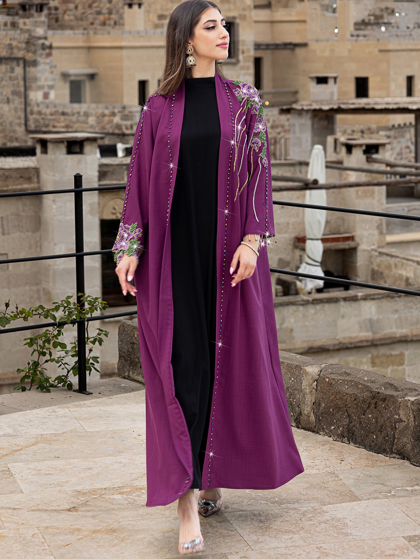 15020 Arab Middle East Dubai Fashion Elegant Embroidered Beaded Cardigan Robe
