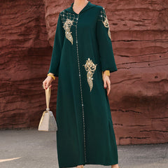 4061 Middle Eastern Style Dark Green Hooded Gold Embroidered Sequin Long Sleeve Maxi Dress - Elegant Sparkling Long Gown