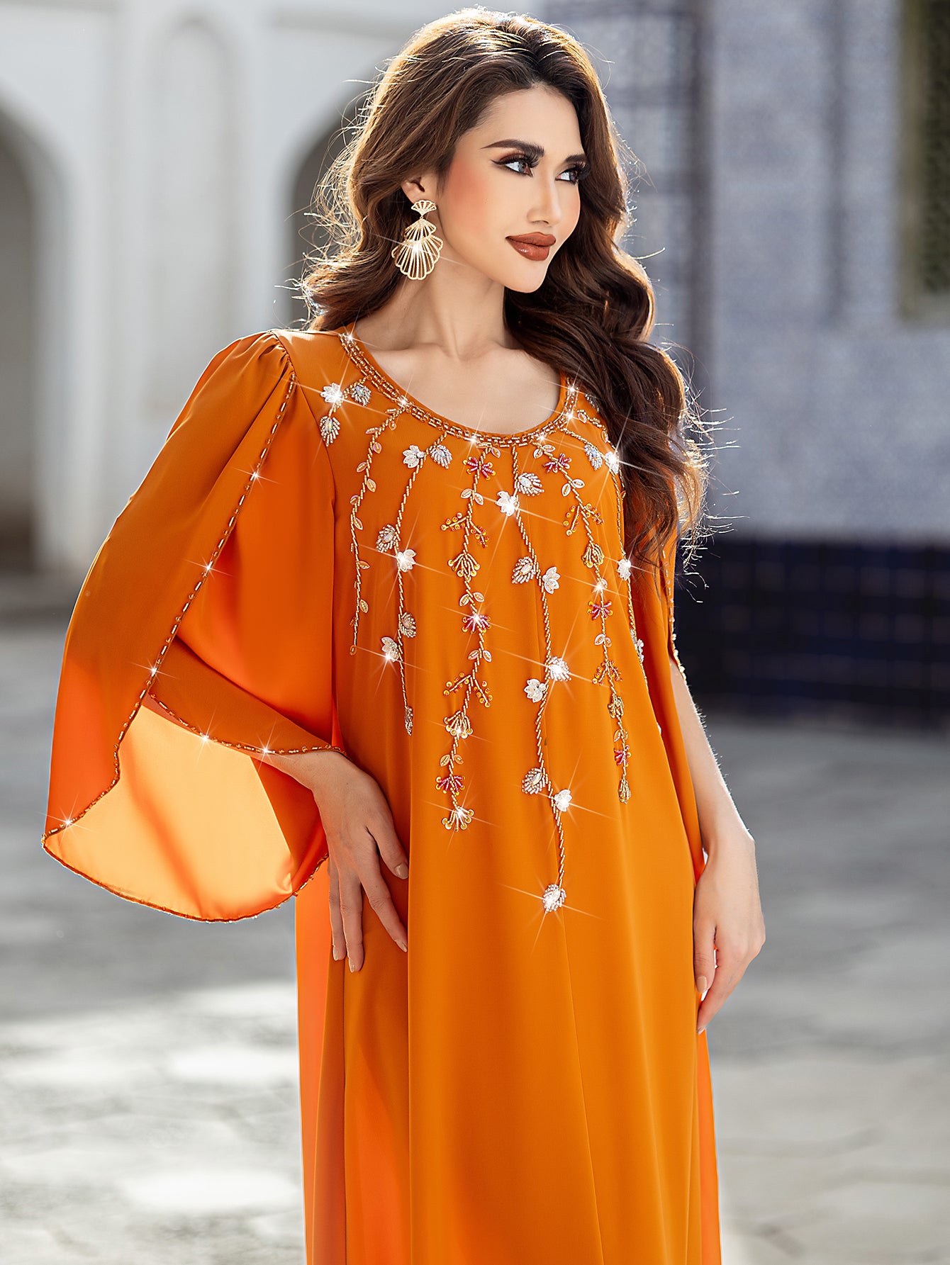 5204 Sunset Orange Arabic Abaya Dress | Round Neck Beaded Gown with Bell Sleeves & Intricate Embroidery