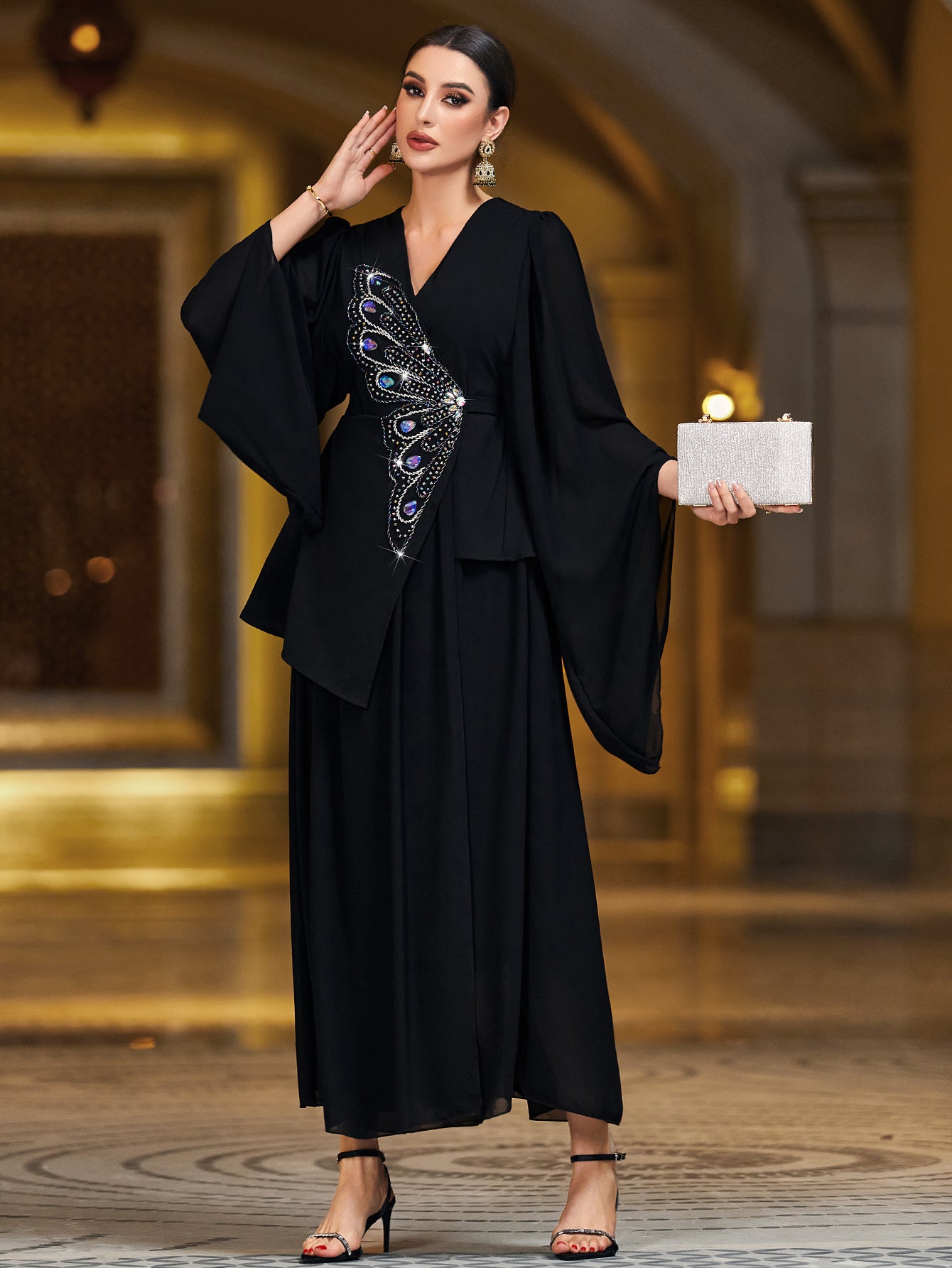 4147 Black Butterfly Handmade Nailed Diamond Wrap Dress Middle East Fashion Arabian Dress