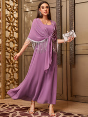 4020 Middle Eastern Style Purple Sparkling Embellished Tassel Maxi Dress - Elegant Fringed Flowy Long Gown