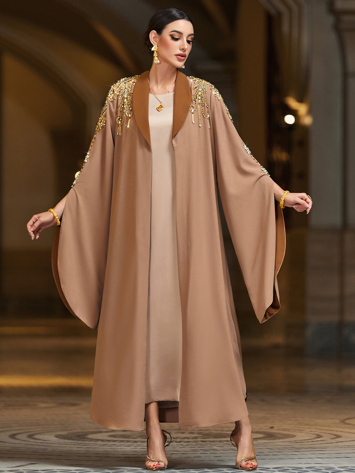 4149 Hand-Swen Bead Embellshments Rhinestone Long Abaya,  Elegant Rmantic Glamorous Vacation Fantasy Long Sleeve