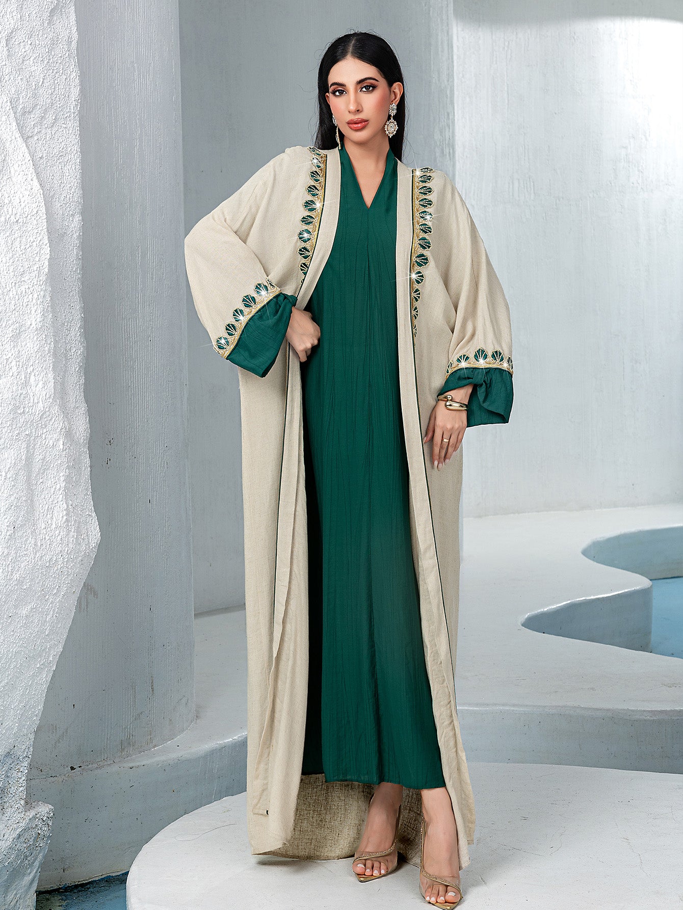 15233 Reversible Gradient Open Abaya  Elegant Long-Sleeve Modest Cardigan