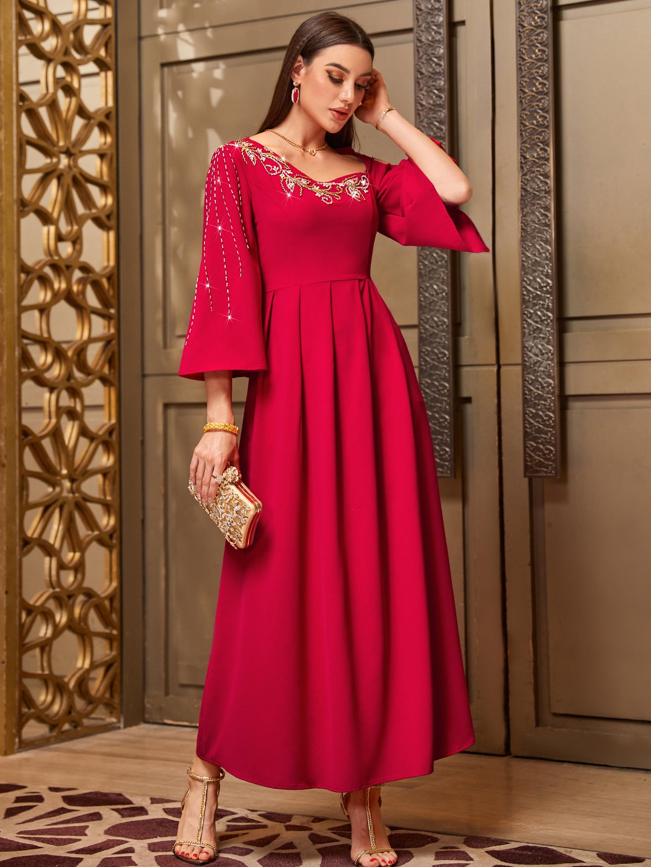 4017 Hand-Swen Bead Embellshments Rhinestone Long Abaya,  Elegant Rmantic Glamorous Vacation Fantasy Long Sleeve