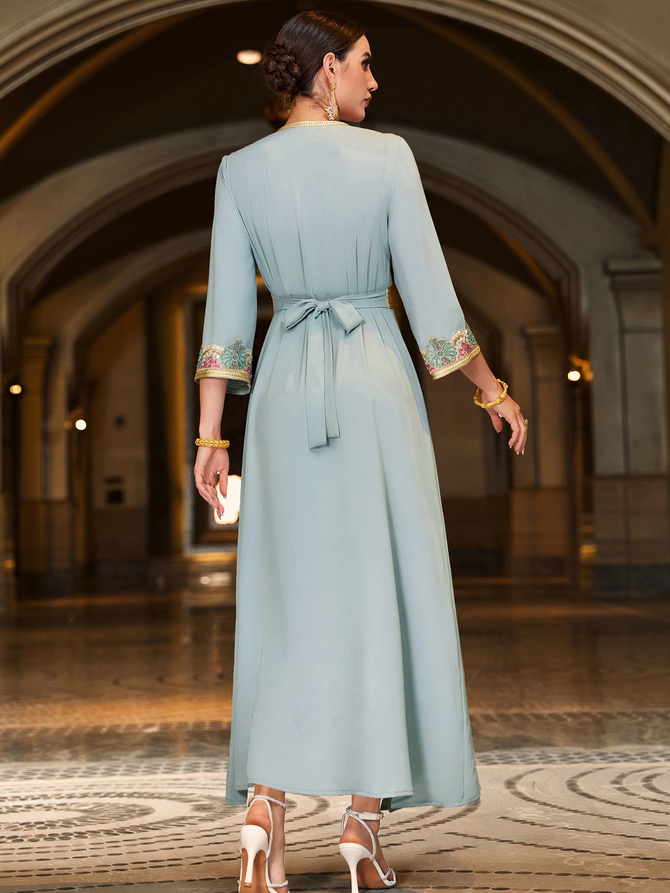 4066 Hand-Swen Bead Embellshments Rhinestone Long Abaya,  Elegant Rmantic Glamorous Vacation Fantasy Short Sleeve