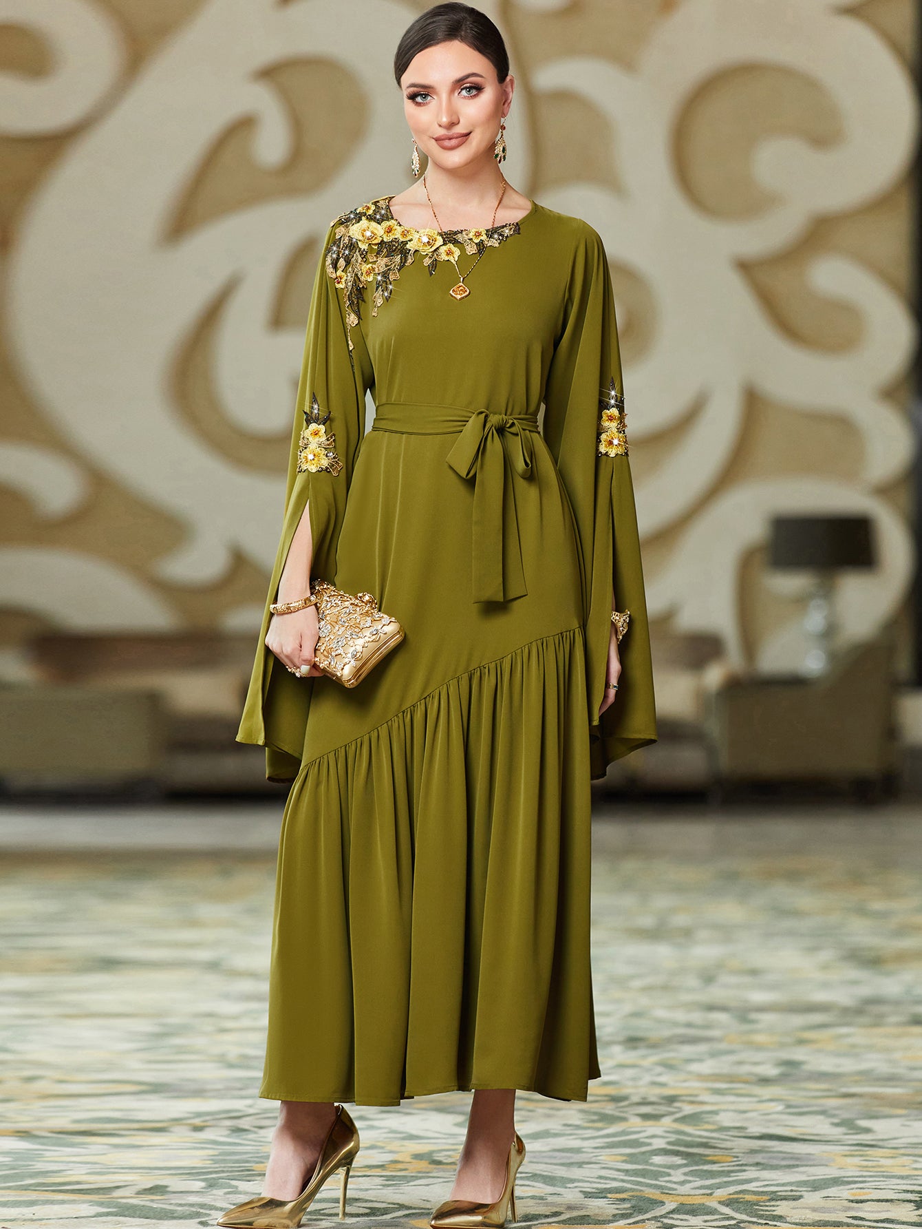 BA3048 Army Green Embroidered Long-Sleeve Dress