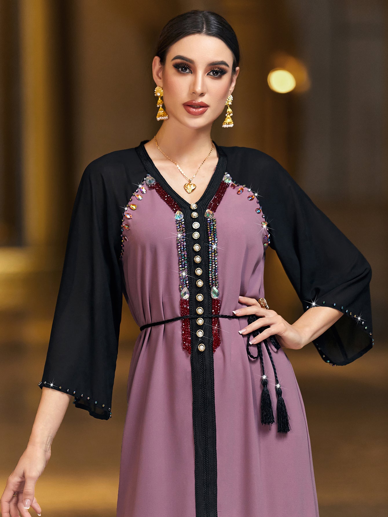 4142 Hand-Swen Bead Embellshments Rhinestone Long Abaya,  Elegant Rmantic Glamorous Vacation Fantasy Short Sleeve