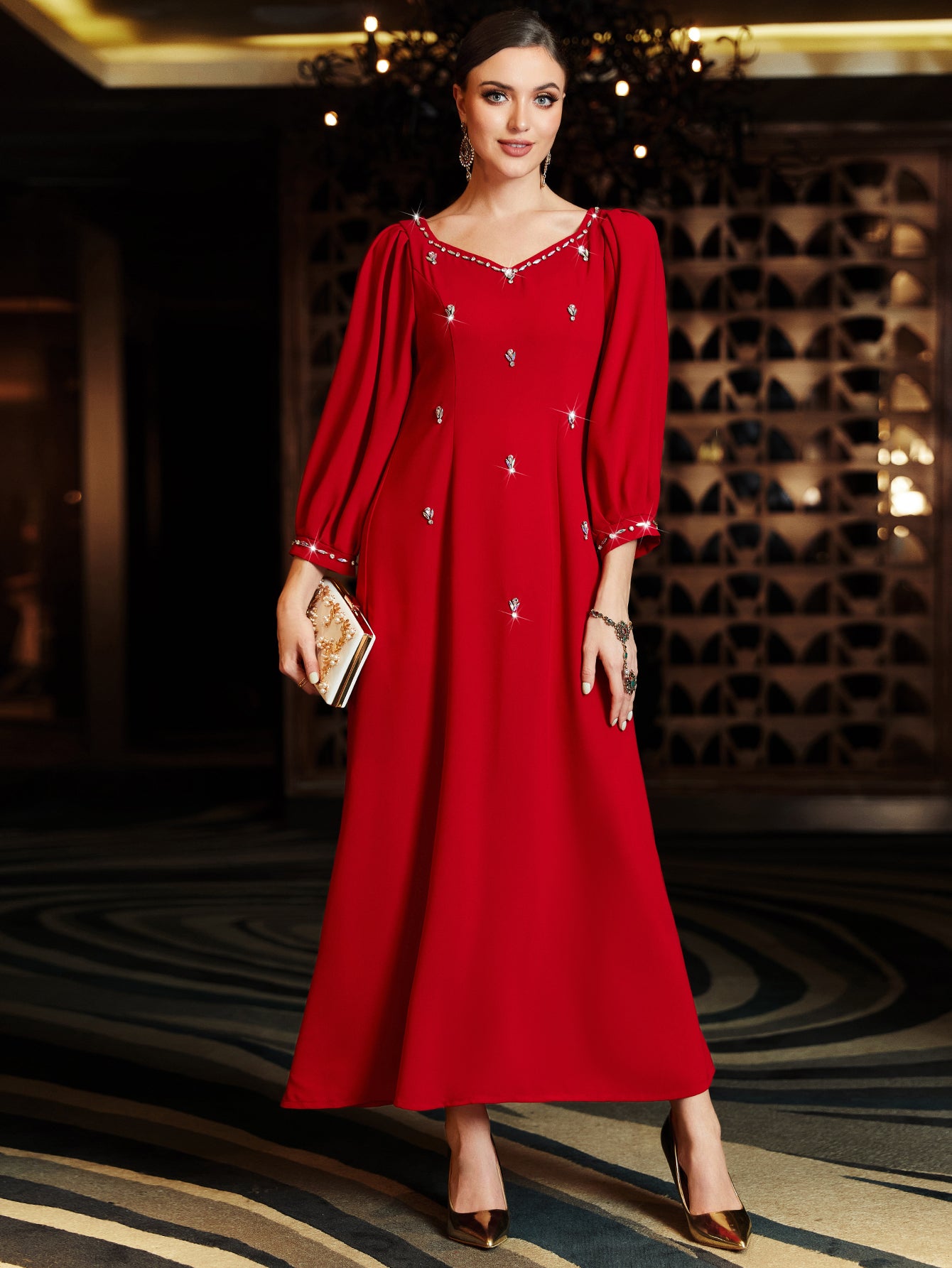 BA3054 Red Rhinestone Lantern-Sleeve Dress