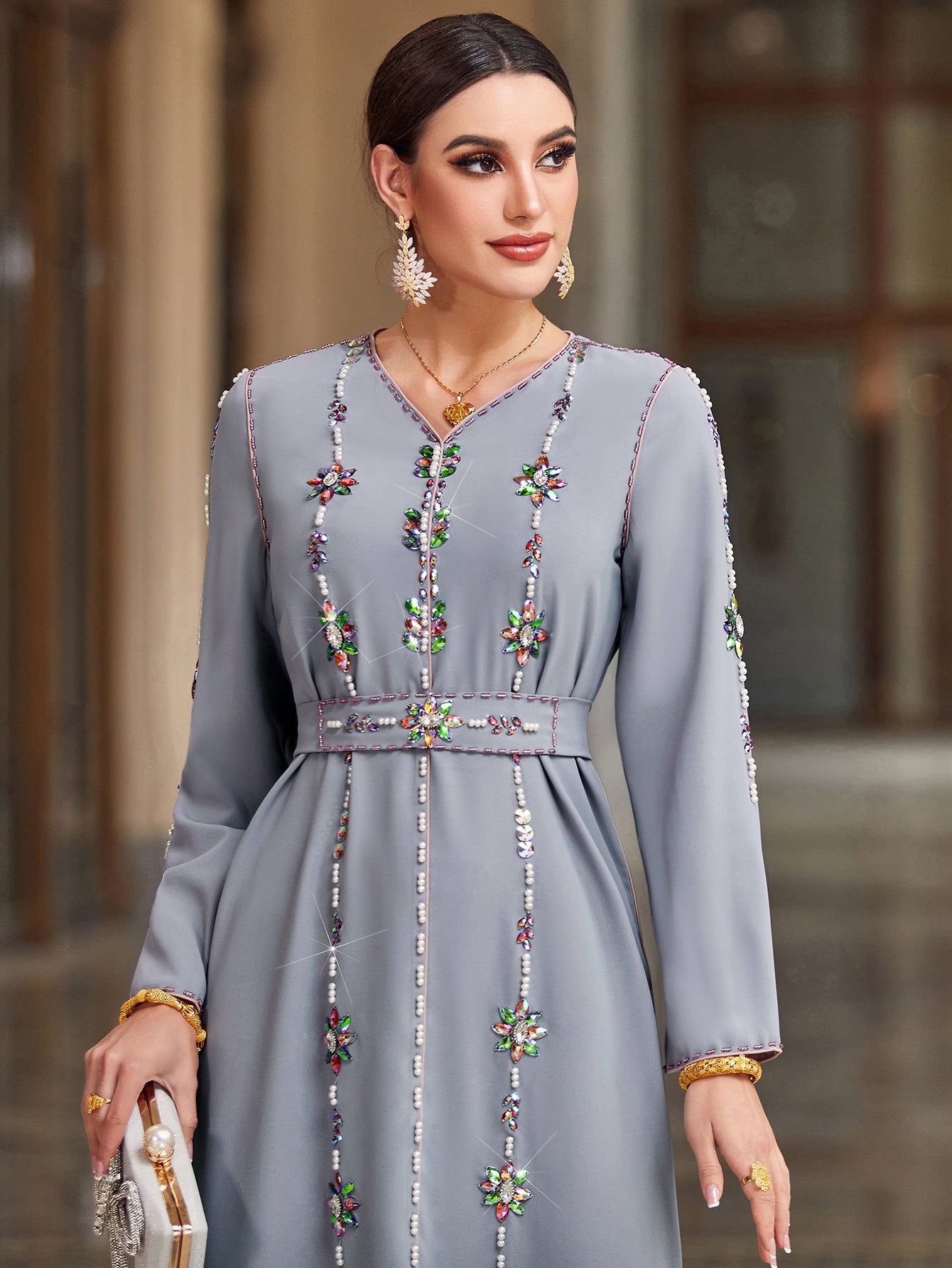 4039 Hand-Swen Bead Embellshments Rhinestone Long Abaya,  Elegant Rmantic Glamorous Vacation Fantasy Long Sleeve