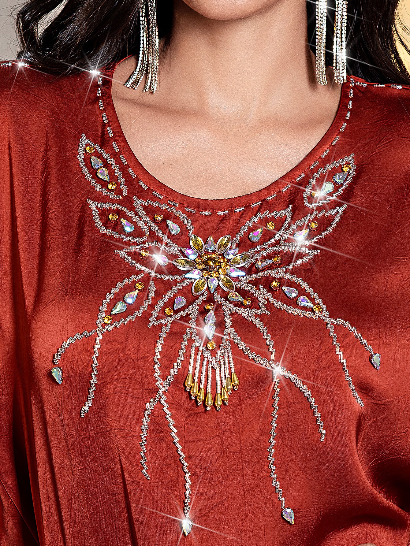 15140 Burgundy Silk Abaya Dress – Glittering Bead Embellishments & High Slit, Exude Luxurious Aura in Formal Events