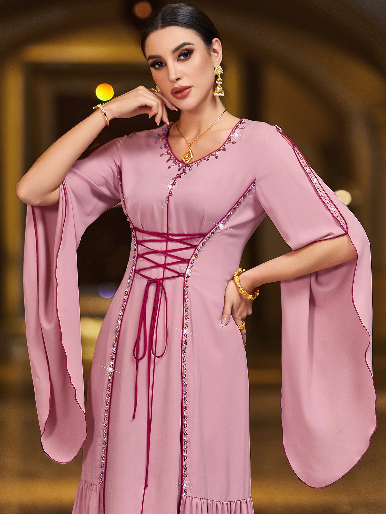 4141 Hand-Swen Bead Embellshments Rhinestone Long Abaya,  Elegant Rmantic Glamorous Vacation Fantasy Long Sleeve