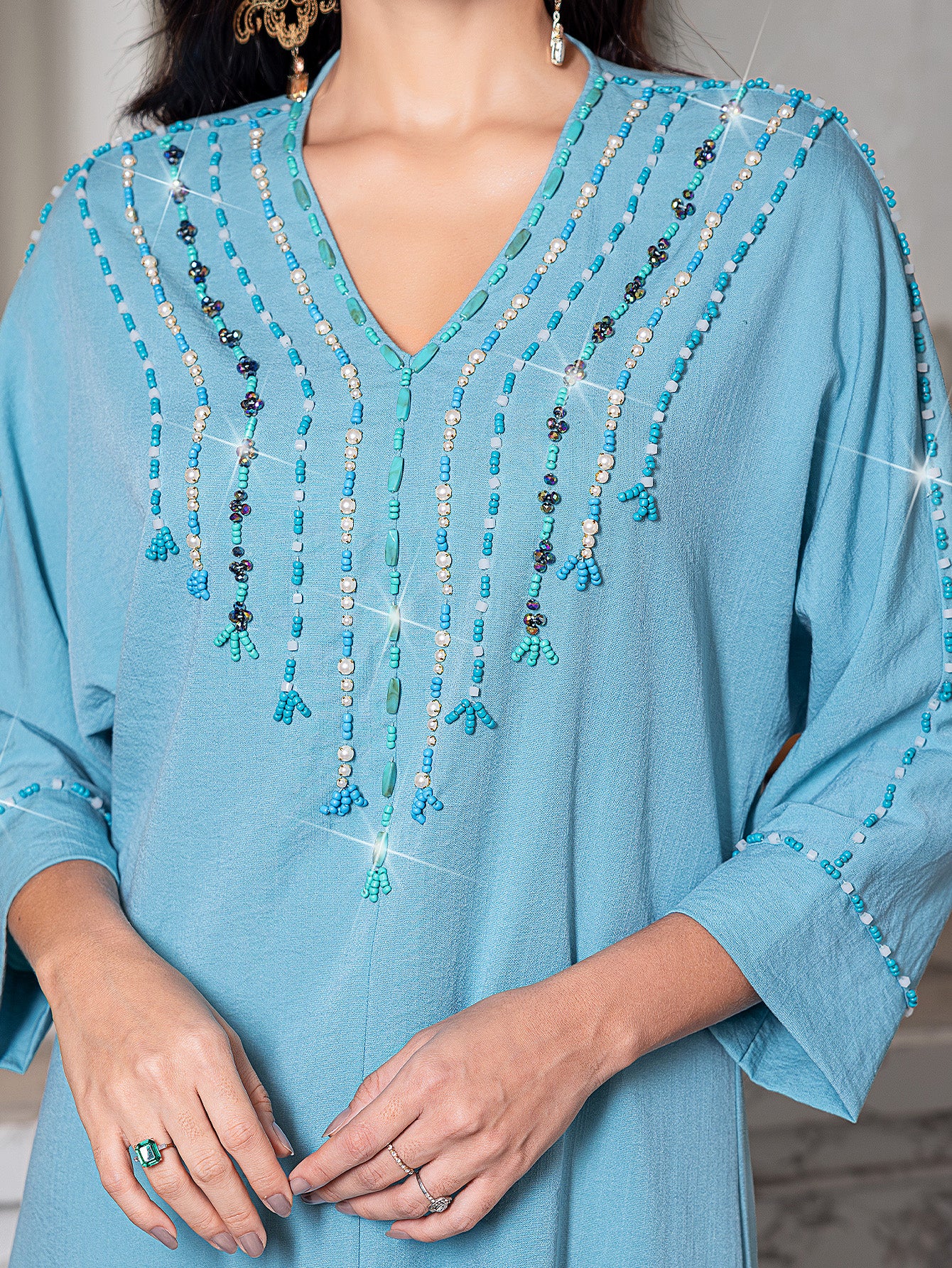 15136 A Must-Have for Detail Lovers! Dusty Blue Abaya Dress with Beaded Tassel Embellishments, Maximizing Delicate Appeal
