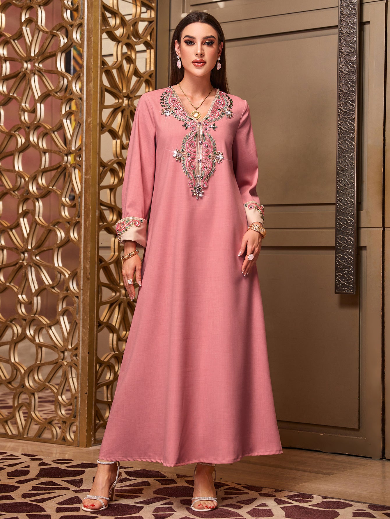 4011 Hand-Swen Bead Embellshments Rhinestone Long Abaya,  Elegant Modest Rmantic Glamorous Vacation Fantasy  Long Sleeve