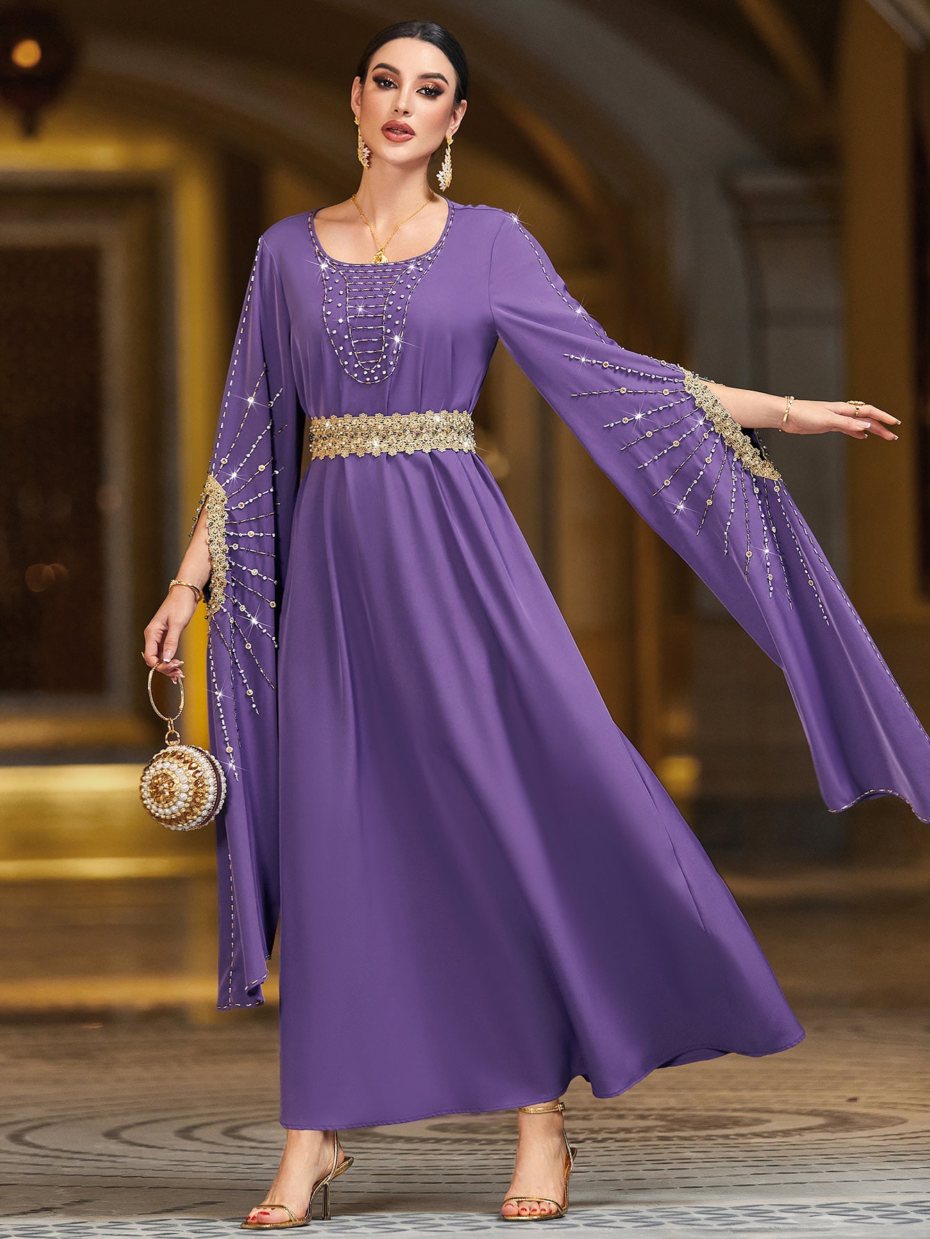 4006 Hand-Swen Bead Embellshments Rhinestone Long Abaya,  Elegant Modest Rmantic Glamorous Vacation Fantasy  Long Sleeve