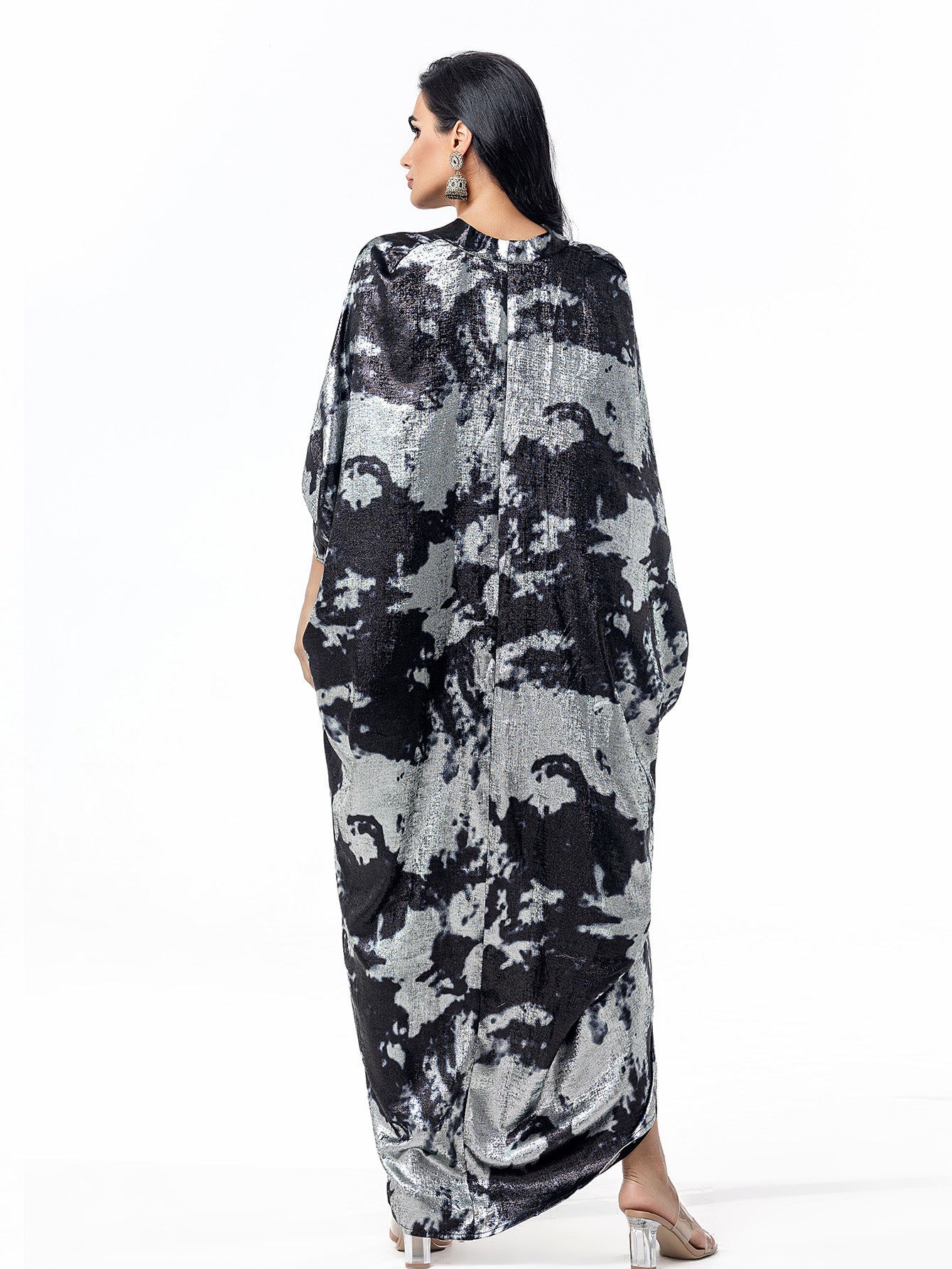 15095 Luxurious Black-Silver Abaya Gown! Shiny Tie-Dye Fabric & Loose Fit, Exuding Grand Aura