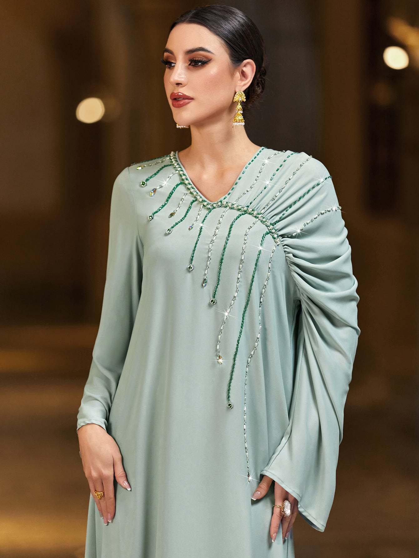 4046 Hand-Swen Bead Embellshments Rhinestone Long Abaya,  Elegant Modest Rmantic Glamorous Vacation Fantasy  Long Sleeve