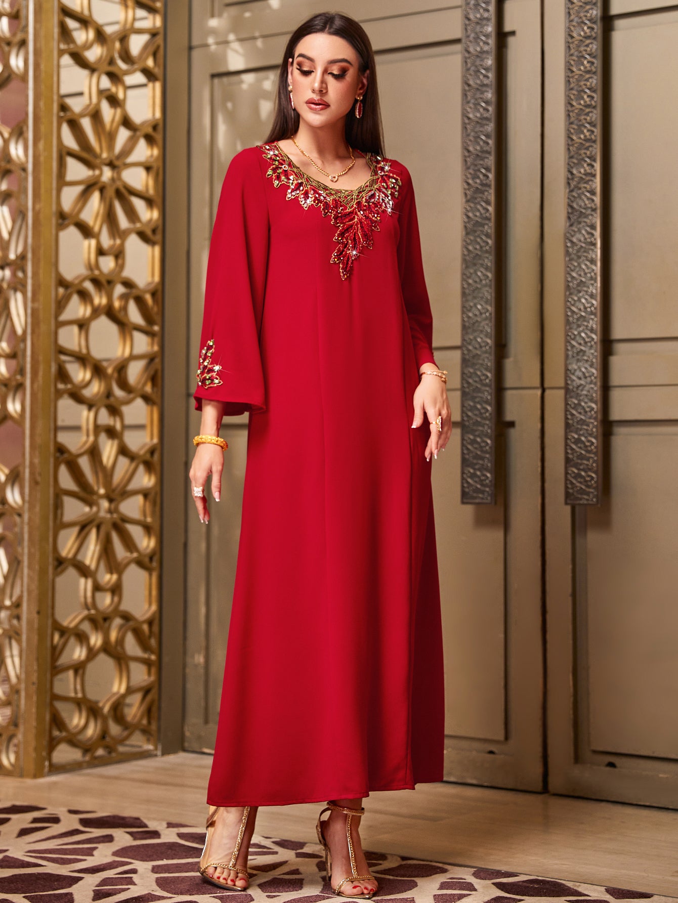 4056 Hand-Swen Bead Embellshments Rhinestone Long Abaya,  Elegant Modest Rmantic Glamorous Vacation Fantasy  Long Sleeve