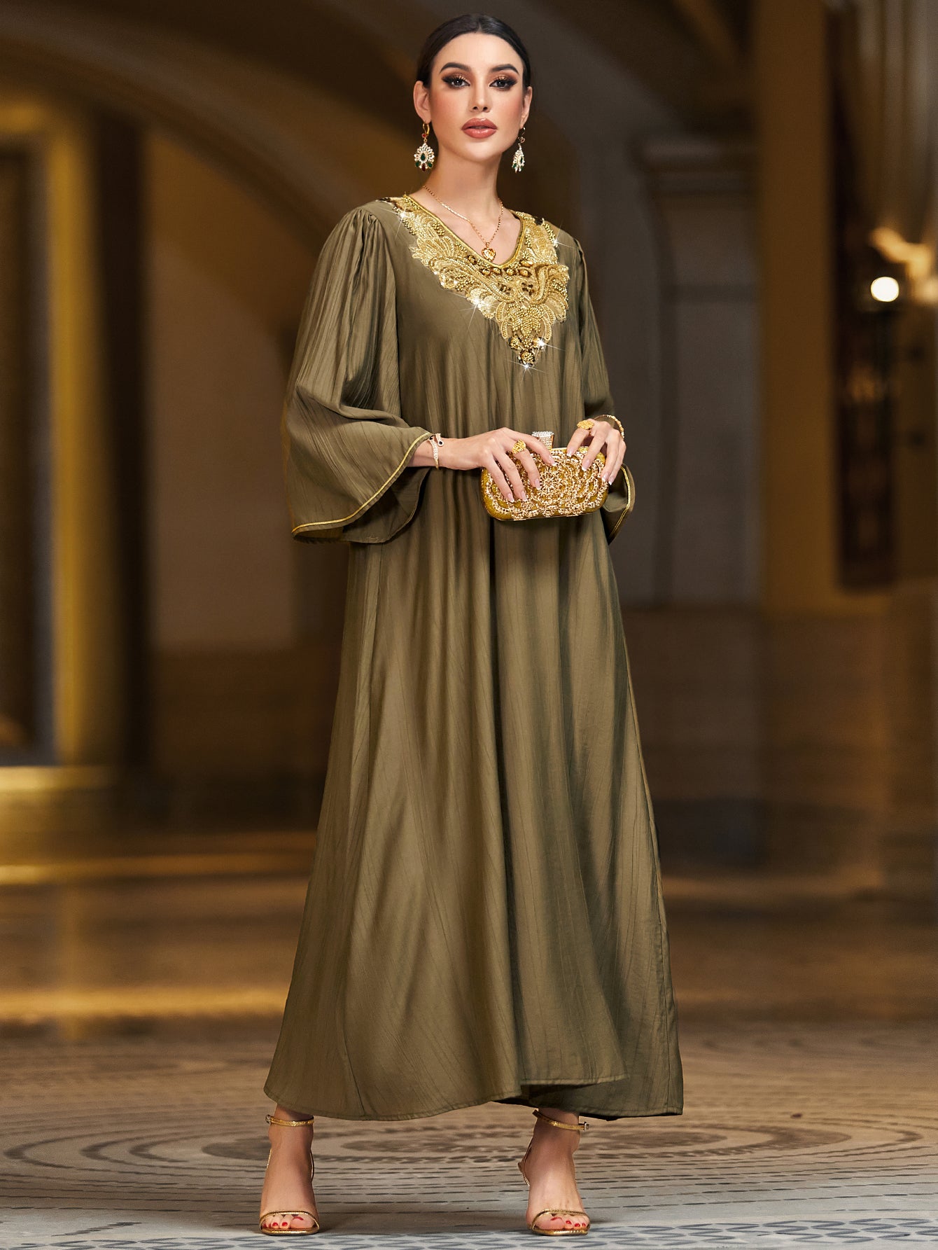 4121 Hand-Swen Bead Embellshments Rhinestone Long Abaya,  Elegant Rmantic Glamorous Vacation Fantasy Short Sleeve