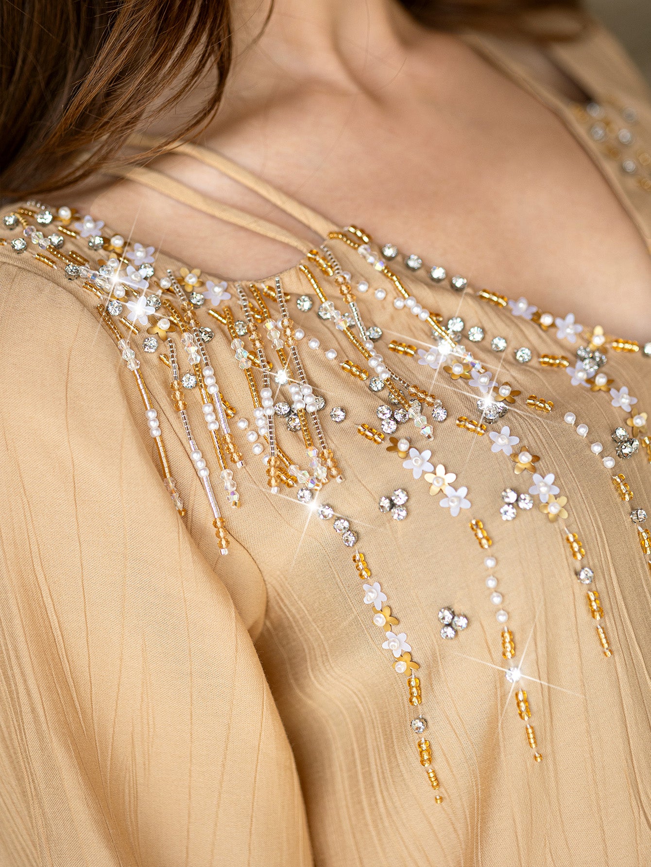 15087 Minimalist Beige Abaya Maxi Dress – Beaded Details Enhance Style, Combining Loose Comfort with Fashion Sense