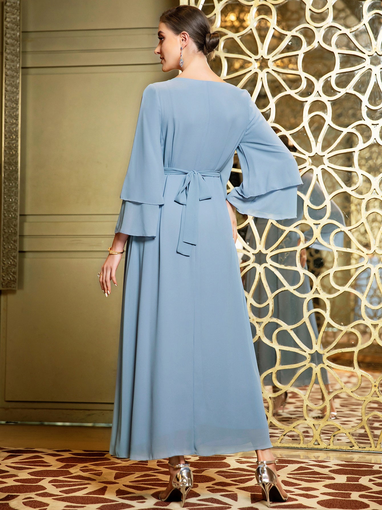 BA3047 Blue Rhinestone Asymmetric Layered Dress