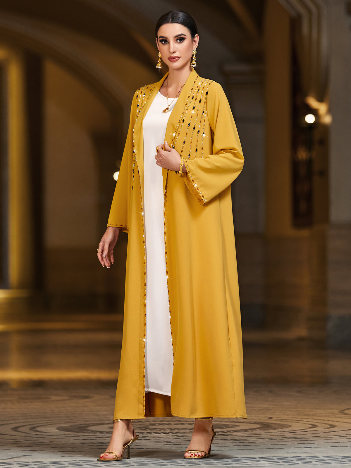 4016 Hand-Swen Bead Embellshments Rhinestone Long Abaya,  Elegant Rmantic Glamorous Vacation Fantasy Long Sleeve