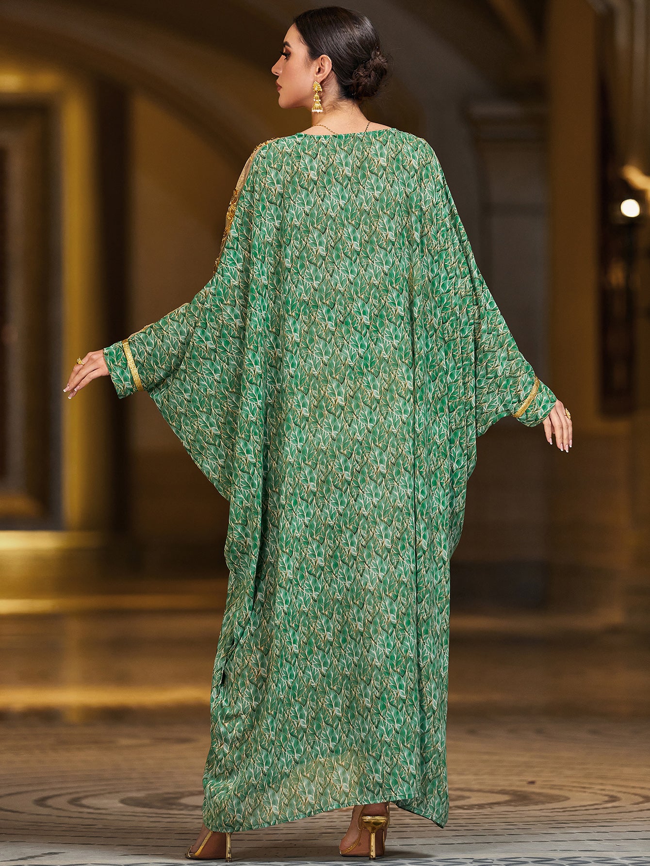 4134 Hand-Swen Bead Embellshments Rhinestone Long Abaya,  Elegant Rmantic Glamorous Vacation Fantasy Long Sleeve