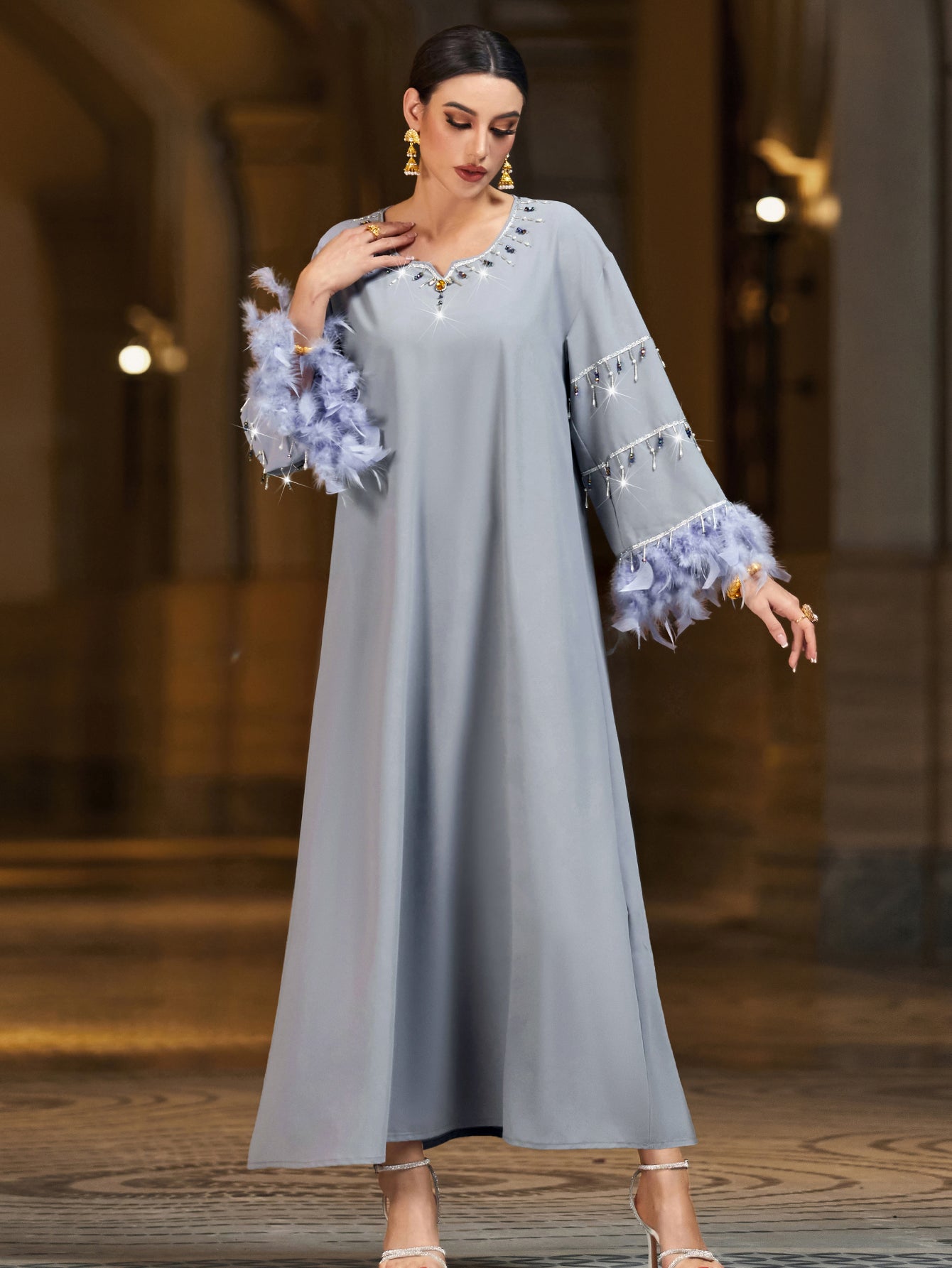 4005 Hand-Swen Bead Embellshments Rhinestone Long Abaya,  Elegant Modest Rmantic Glamorous Vacation Fantasy  Long Sleeve