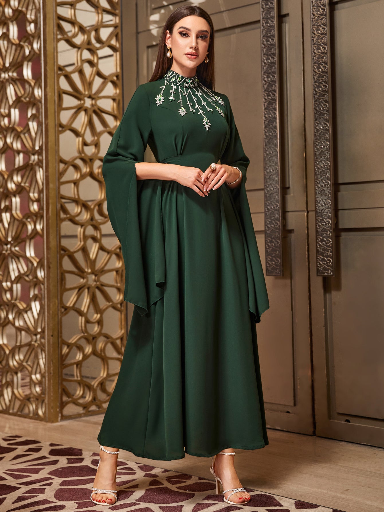 4035 Hand-Swen Bead Embellshments Rhinestone Long Abaya,  Elegant Modest Rmantic Glamorous Vacation Fantasy  Long Sleeve