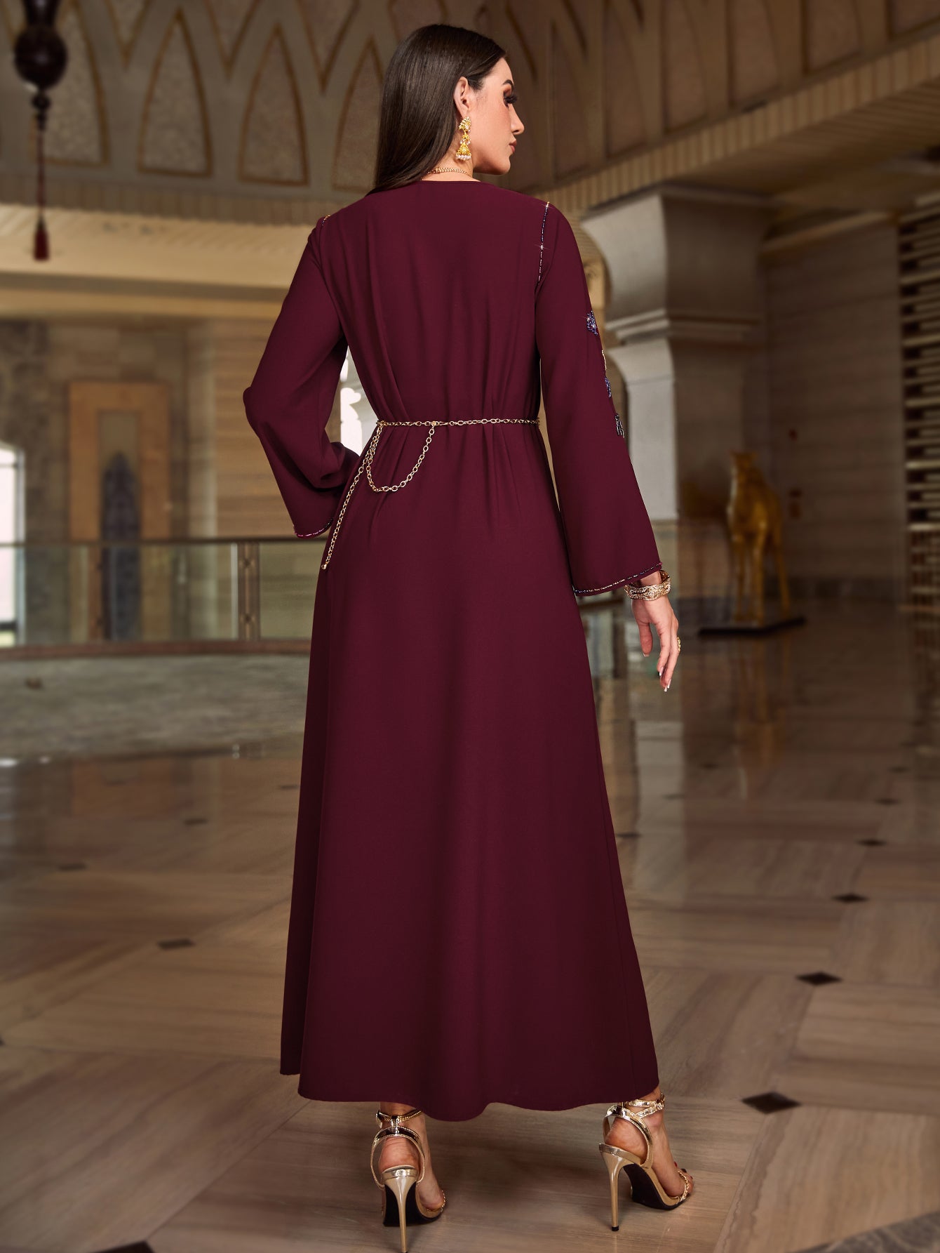 4126 Hand-Swen Bead Embellshments Rhinestone Long Abaya,  Elegant Modest Rmantic Glamorous Vacation Fantasy  Long Sleeve