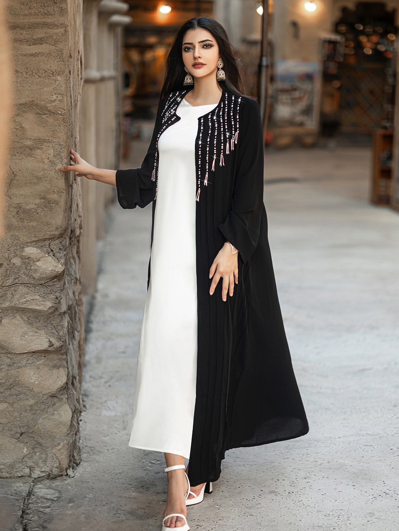 4083 Hand-Swen Bead Embellshments Rhinestone Long Abaya,  Elegant Rmantic Glamorous Vacation Fantasy Long Sleeve