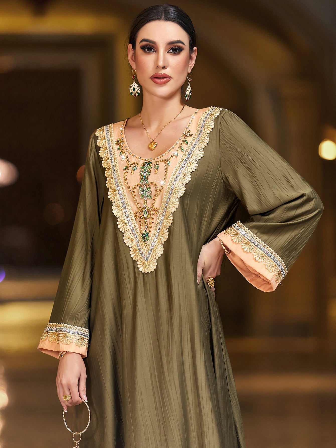 4131 Hand-Swen Bead Embellshments Rhinestone Long Abaya,  Elegant Modest Rmantic Glamorous Vacation Fantasy  Long Sleeve