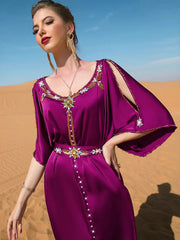 BA7031 Rose purple off-the-shoulder hand-sewn diamond design dress, Middle Eastern party, holiday gift