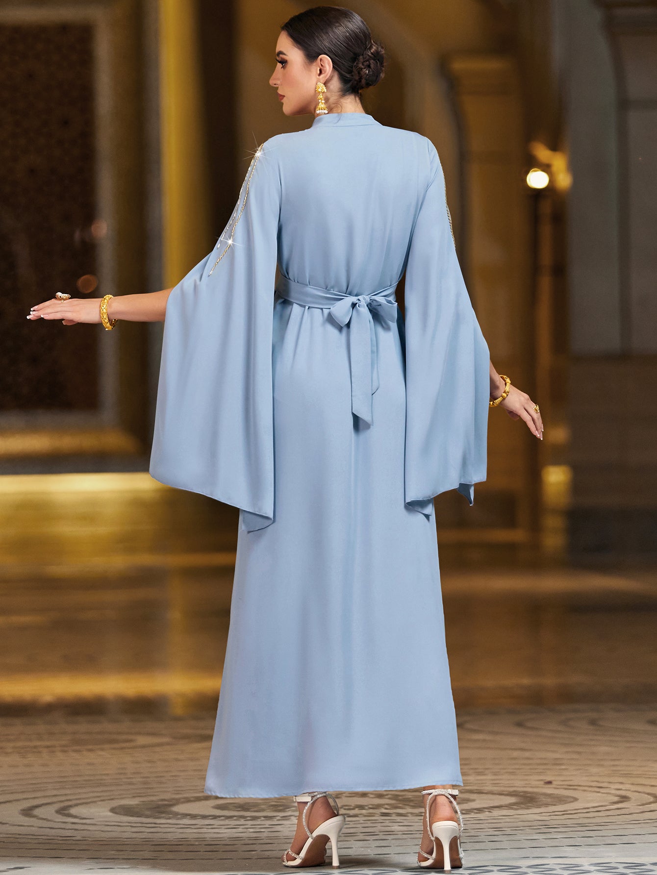 4038 Middle Eastern Style Light Blue Gold Sequins Embellished Cape Sleeves Maxi Dress - Elegant Flowing Long Gown