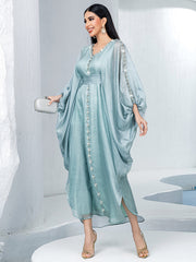 15168 Middle Eastern Style Light Green Bead Embellished Loose Sleeves Belted Maxi Dress - Elegant Decorated Abaya Gown