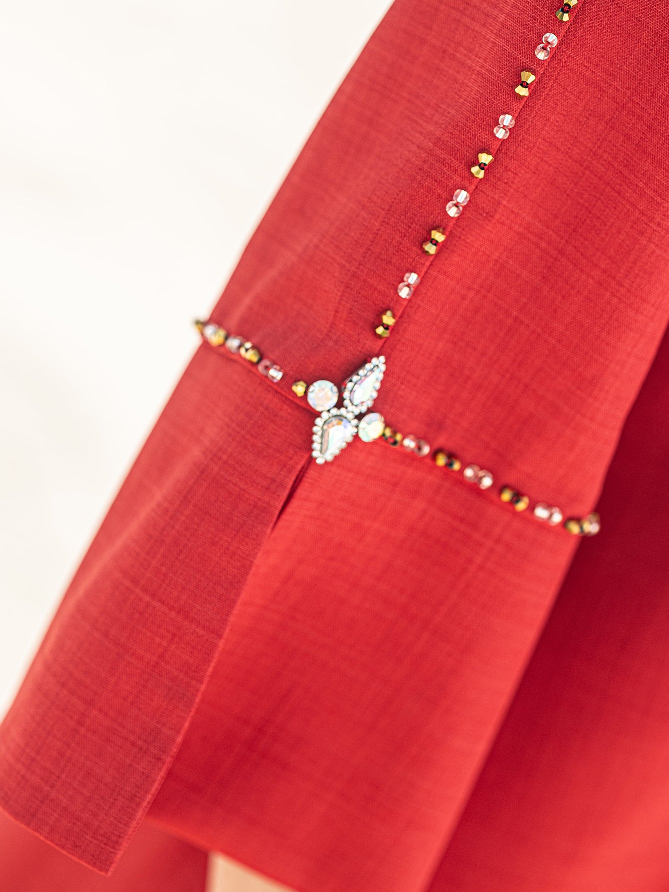 5202Scarlet Beaded Arabic Abaya Dress | V-Neck Bell Sleeves Evening Gown with Crystal Fringe & Embroidery